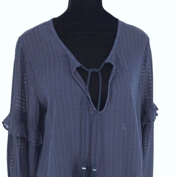 Splendid Womens Blouson Long Sleeve Ruffle Tassel Peasant Blouse Top Navy‎ Small - Picture 2 of 10